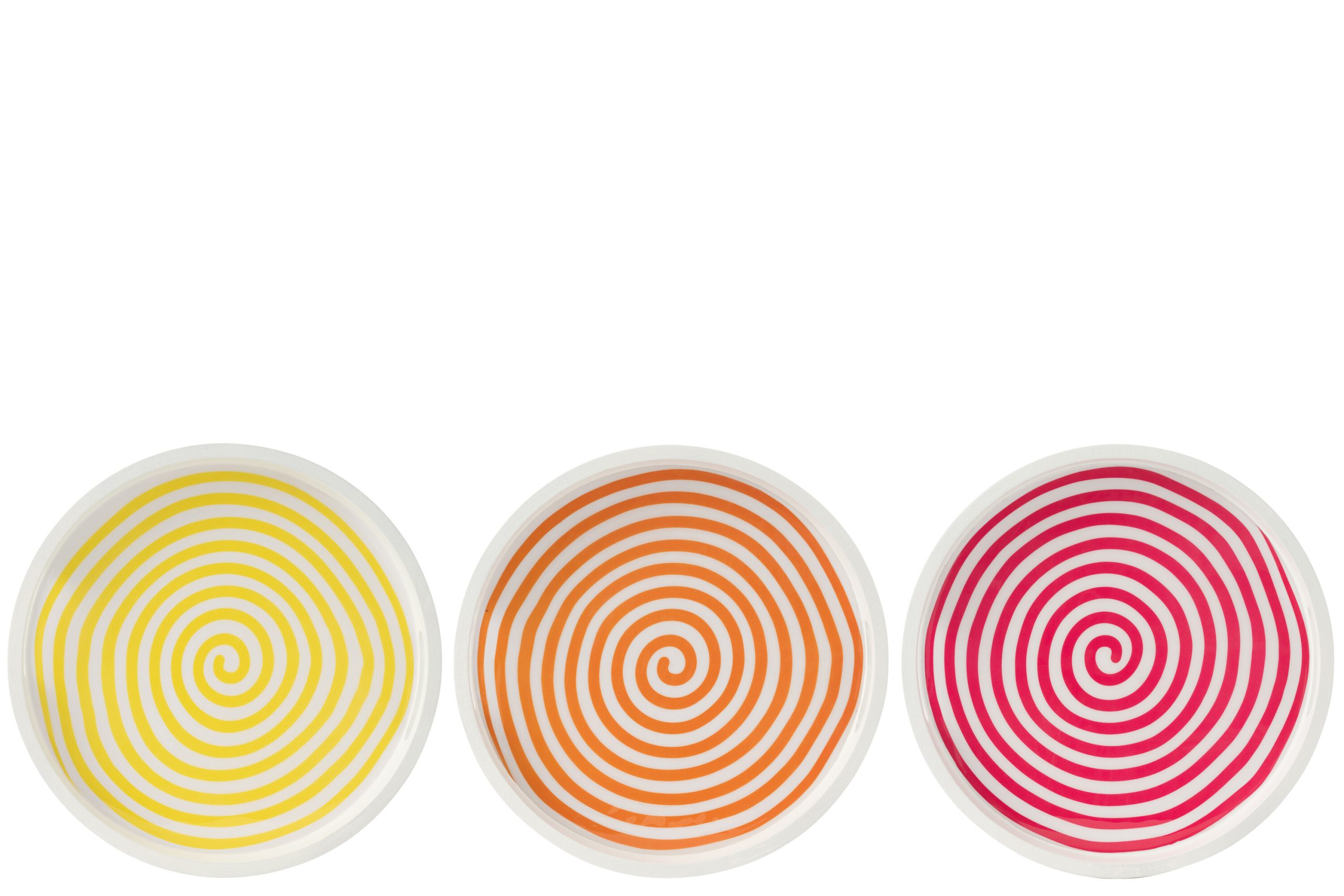 TRAY ROUND MANGO WOOD PINK/ORANGE/YELLOW ASSORTMENT OF 3